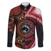 Tonga and Australia Together Family Matching Summer Maxi Dress and Hawaiian Shirt Ngatu Art Tribal Aboriginal Tattoo Pattern LT03 Dad's Shirt - Long Sleeve Black - Polynesian Pride