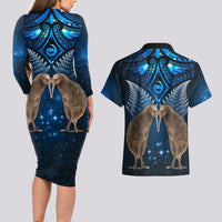 New Zealand Maori Matariki Couples Matching Long Sleeve Bodycon Dress and Hawaiian Shirt Hongi Kiwi Bird and Silver Fern LT03 - Polynesian Pride