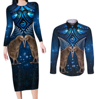 New Zealand Maori Matariki Couples Matching Long Sleeve Bodycon Dress and Long Sleeve Button Shirt Hongi Kiwi Bird and Silver Fern LT03 Blue - Polynesian Pride