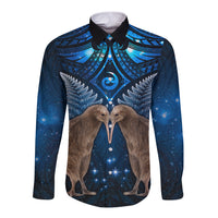 New Zealand Maori Matariki Long Sleeve Button Shirt Hongi Kiwi Bird and Silver Fern LT03 Unisex Blue - Polynesian Pride