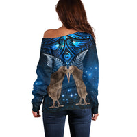 New Zealand Maori Matariki Off Shoulder Sweater Hongi Kiwi Bird and Silver Fern LT03 - Polynesian Pride