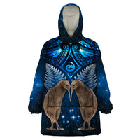 New Zealand Maori Matariki Wearable Blanket Hoodie Hongi Kiwi Bird and Silver Fern LT03 One Size Blue - Polynesian Pride
