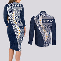 Hawaii Plumeria Tribal Vintage Couples Matching Long Sleeve Bodycon Dress and Long Sleeve Button Shirt Special Blue LT03 - Polynesian Pride