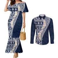 Hawaii Plumeria Tribal Vintage Couples Matching Mermaid Dress and Long Sleeve Button Shirt Special Blue LT03 Blue - Polynesian Pride