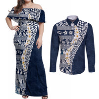Hawaii Plumeria Tribal Vintage Couples Matching Off Shoulder Maxi Dress and Long Sleeve Button Shirt Special Blue