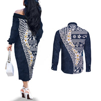 Hawaii Plumeria Tribal Vintage Couples Matching Off The Shoulder Long Sleeve Dress and Long Sleeve Button Shirt Special Blue LT03 - Polynesian Pride