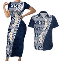 Hawaii Plumeria Tribal Vintage Couples Matching Short Sleeve Bodycon Dress and Hawaiian Shirt Special Blue LT03 Blue - Polynesian Pride