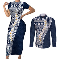 Hawaii Plumeria Tribal Vintage Couples Matching Short Sleeve Bodycon Dress and Long Sleeve Button Shirt Special Blue LT03 Blue - Polynesian Pride