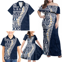 Hawaii Plumeria Tribal Vintage Family Matching Off Shoulder Maxi Dress and Hawaiian Shirt Special Blue LT03 - Polynesian Pride