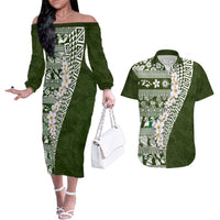 Hawaii Plumeria Tribal Vintage Couples Matching Off The Shoulder Long Sleeve Dress and Hawaiian Shirt Special Green