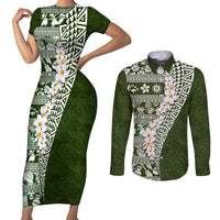 Hawaii Plumeria Tribal Vintage Couples Matching Short Sleeve Bodycon Dress and Long Sleeve Button Shirt Special Green LT03 Green - Polynesian Pride