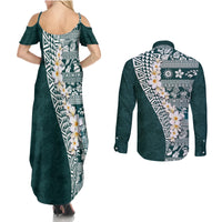 Hawaii Plumeria Tribal Vintage Couples Matching Summer Maxi Dress and Long Sleeve Button Shirt Special Turquoise