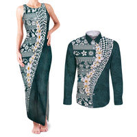 Hawaii Plumeria Tribal Vintage Couples Matching Tank Maxi Dress and Long Sleeve Button Shirt Special Turquoise LT03 Turquoise - Polynesian Pride