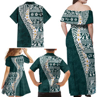 Hawaii Plumeria Tribal Vintage Family Matching Off Shoulder Maxi Dress and Hawaiian Shirt Special Turquoise LT03 - Polynesian Pride