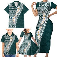 Hawaii Plumeria Tribal Vintage Family Matching Short Sleeve Bodycon Dress and Hawaiian Shirt Special Turquoise