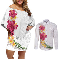 Hawaiian Plumeria and Hibiscus Couples Matching Off Shoulder Short Dress and Long Sleeve Button Shirt White Mode
