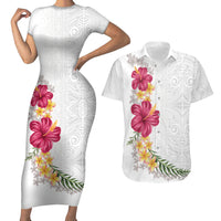 Hawaiian Plumeria and Hibiscus Couples Matching Short Sleeve Bodycon Dress and Hawaiian Shirt White Mode LT03 White - Polynesian Pride