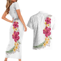 Hawaiian Plumeria and Hibiscus Couples Matching Short Sleeve Bodycon Dress and Hawaiian Shirt White Mode LT03 - Polynesian Pride