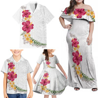 Hawaiian Plumeria and Hibiscus Family Matching Off Shoulder Maxi Dress and Hawaiian Shirt White Mode LT03 - Polynesian Pride