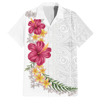 Hawaiian Plumeria and Hibiscus Family Matching Off Shoulder Short Dress and Hawaiian Shirt White Mode