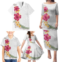 Hawaiian Plumeria and Hibiscus Family Matching Puletasi and Hawaiian Shirt White Mode LT03 - Polynesian Pride