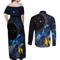 New Zealand Tui Bird Matariki Couples Matching Off Shoulder Maxi Dress and Long Sleeve Button Shirt Galaxy Fern With Maori Pattern LT03 - Polynesian Pride