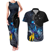 New Zealand Tui Bird Matariki Couples Matching Tank Maxi Dress and Hawaiian Shirt Galaxy Fern With Maori Pattern LT03 Blue - Polynesian Pride