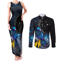 New Zealand Tui Bird Matariki Couples Matching Tank Maxi Dress and Long Sleeve Button Shirt Galaxy Fern With Maori Pattern LT03 Blue - Polynesian Pride