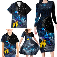 New Zealand Tui Bird Matariki Family Matching Long Sleeve Bodycon Dress and Hawaiian Shirt Galaxy Fern With Maori Pattern LT03 - Polynesian Pride
