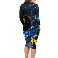 New Zealand Tui Bird Matariki Family Matching Long Sleeve Bodycon Dress and Hawaiian Shirt Galaxy Fern With Maori Pattern LT03 - Polynesian Pride