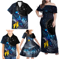 New Zealand Tui Bird Matariki Family Matching Off Shoulder Maxi Dress and Hawaiian Shirt Galaxy Fern With Maori Pattern LT03 - Polynesian Pride