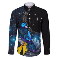 New Zealand Tui Bird Matariki Family Matching Puletasi and Hawaiian Shirt Galaxy Fern With Maori Pattern LT03 Dad's Shirt - Long Sleeve Blue - Polynesian Pride