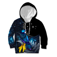 New Zealand Tui Bird Matariki Kid Hoodie Galaxy Fern With Maori Pattern LT03 Hoodie Blue - Polynesian Pride