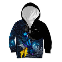 New Zealand Tui Bird Matariki Kid Hoodie Galaxy Fern With Maori Pattern LT03 Zip Hoodie Blue - Polynesian Pride
