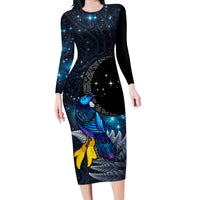 New Zealand Tui Bird Matariki Long Sleeve Bodycon Dress Galaxy Fern With Maori Pattern LT03 Long Dress Blue - Polynesian Pride