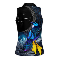 New Zealand Tui Bird Matariki Women Sleeveless Polo Shirt Galaxy Fern With Maori Pattern LT03 - Polynesian Pride