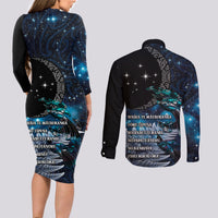 New Zealand Tui Bird Couples Matching Long Sleeve Bodycon Dress and Long Sleeve Button Shirt Matariki Poetry Pattern Galaxy Style LT03 - Polynesian Pride