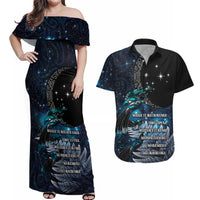 New Zealand Tui Bird Couples Matching Off Shoulder Maxi Dress and Hawaiian Shirt Matariki Poetry Pattern Galaxy Style LT03 Blue - Polynesian Pride