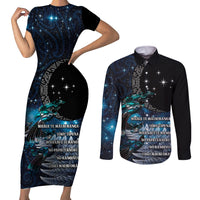 New Zealand Tui Bird Couples Matching Short Sleeve Bodycon Dress and Long Sleeve Button Shirt Matariki Poetry Pattern Galaxy Style LT03 Blue - Polynesian Pride