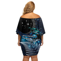 New Zealand Tui Bird Family Matching Off Shoulder Short Dress and Hawaiian Shirt Matariki Poetry Pattern Galaxy Style LT03 - Polynesian Pride