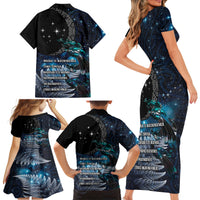 New Zealand Tui Bird Family Matching Short Sleeve Bodycon Dress and Hawaiian Shirt Matariki Poetry Pattern Galaxy Style LT03 - Polynesian Pride