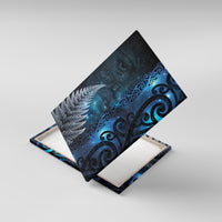 New Zealand Matariki Canvas Wall Art The Tribal Maori Face and Silver Fern LT03 With Frame Blue - Polynesian Pride