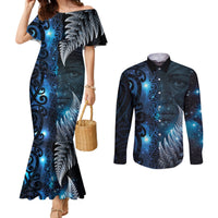 New Zealand Matariki Couples Matching Mermaid Dress and Long Sleeve Button Shirt The Tribal Maori Face and Silver Fern LT03 Blue - Polynesian Pride