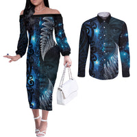 New Zealand Matariki Couples Matching Off The Shoulder Long Sleeve Dress and Long Sleeve Button Shirt The Tribal Maori Face and Silver Fern LT03 Blue - Polynesian Pride