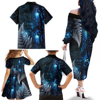 New Zealand Matariki Family Matching Off The Shoulder Long Sleeve Dress and Hawaiian Shirt The Tribal Maori Face and Silver Fern LT03 - Polynesian Pride
