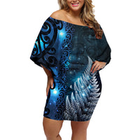 New Zealand Matariki Family Matching Off Shoulder Short Dress and Hawaiian Shirt The Tribal Maori Face and Silver Fern LT03 Mom's Dress Blue - Polynesian Pride