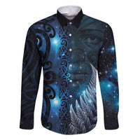 New Zealand Matariki Family Matching Summer Maxi Dress and Hawaiian Shirt The Tribal Maori Face and Silver Fern LT03 Dad's Shirt - Long Sleeve Blue - Polynesian Pride