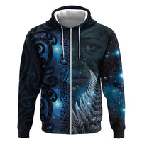New Zealand Matariki Hoodie The Tribal Maori Face and Silver Fern LT03 Zip Hoodie Blue - Polynesian Pride