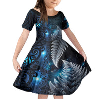 New Zealand Matariki Kid Short Sleeve Dress The Tribal Maori Face and Silver Fern LT03 KID Blue - Polynesian Pride
