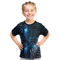 New Zealand Matariki Kid T Shirt The Tribal Maori Face and Silver Fern LT03 Blue - Polynesian Pride